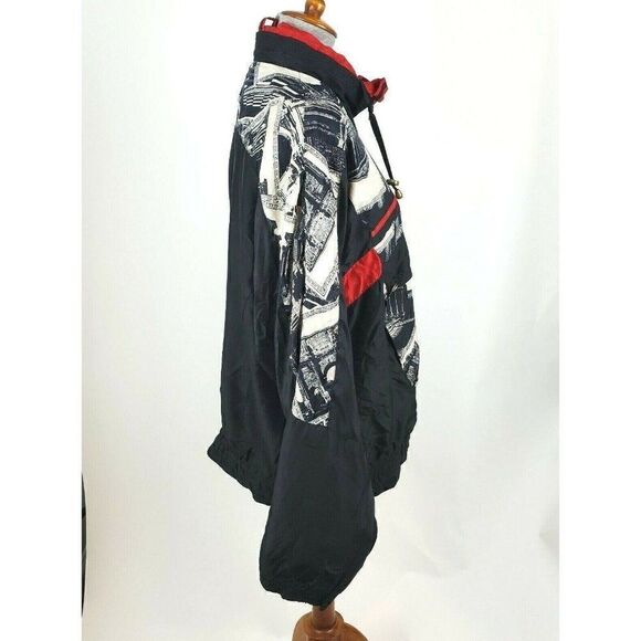 Vintage 80s 90s Black Red Studio Art Print Silk Track Jacket Windbreaker Sz S - Picture 4 of 9